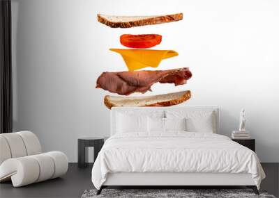 Sandwich falling deconstructed food isolated on white background Wall mural