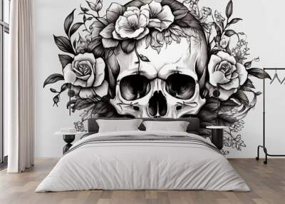 Hand drawn skull and flower isolated decoration Wall mural