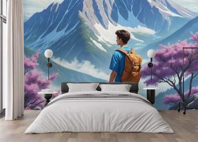 A cartoon hiker with a backpack embarks on an adventure through a stylised mountain landscape Wall mural