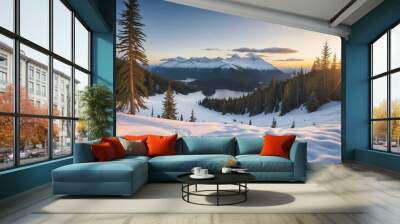 A River Meanders Through Snowy Scenery, Surrounded by Tall Trees and Snow-Capped Mountains. Wall mural