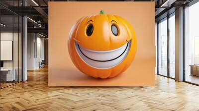 Adorable cartoon emoticon with a cheerful smile on a vibrant orange background Wall mural