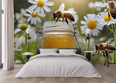 Bees hovering around a jar of honey in a beautiful flower field, creatively generated. Wall mural