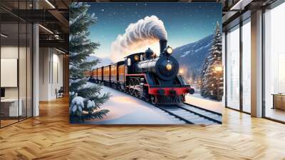 Christmas train rides among trees. Winter landscape with locomotive. Christmas night. Generative AI Wall mural