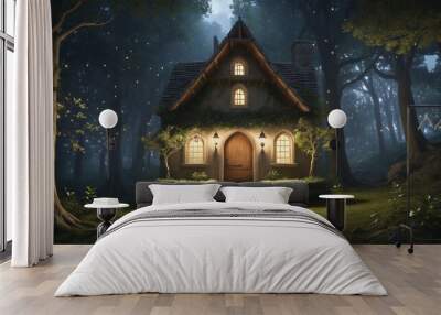 Fantasy fairy tale scenery of a forest house at night in a forest surrounded by twinkling fairy lights, magical hill with a door Wall mural