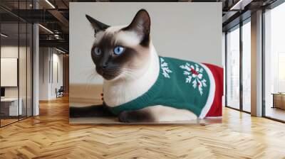 Festively dressed Siamese cat on transparent background Wall mural