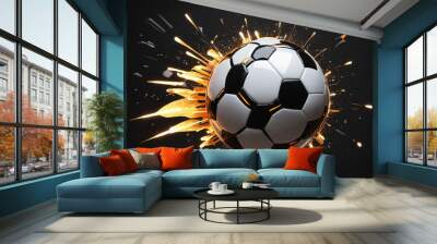 Futuristic mechanical soccer ball explosion in black and white with neon details, isolated with room for text. Wall mural