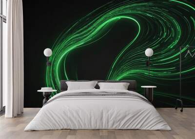 Green glowing lines on black background. Energy flow with moving particles creating scientific waves and vortex effect. Wall mural