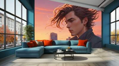 Illustration of portrait of a young man in bustling skyscraper city with sunset colors and hair blowing in the wind Wall mural