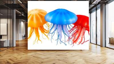 Isolated Collection of Colourful Jellyfish on Transparent Background Wall mural