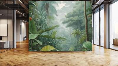 Lush tropical wildlife illustration in vintage watercolor style Wall mural