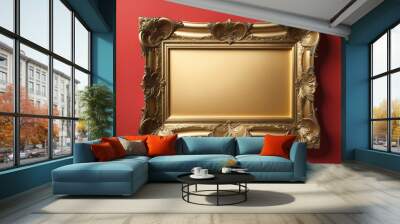 Luxury gold frame hanging on a white wall with space for movie trailer mock-up Wall mural