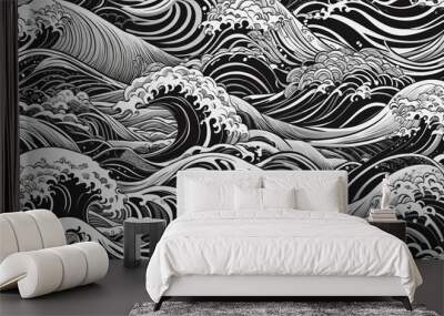 Monochrome wavy pattern with vintage Asian ocean theme. Hand-drawn art style with traditional Japanese ornament texture, perfect for repeating oriental wallpaper. Wall mural