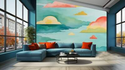 Ocean-inspired wallpaper featuring a vibrant mix of sea green, sky blue, sunshine yellow, and coral pink with a textured overlay Wall mural