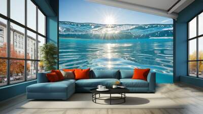 Reflection of a summer resort in calm waters under a clear blue sky. Wall mural