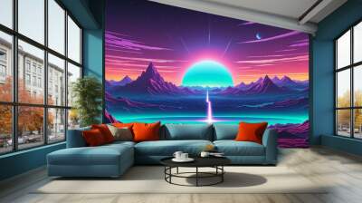 Retro background futuristic landscape 1980s style. Digital retro cyber surface. 80s party background . Retro 80s fashion Sci-Fi Background Summer Landscape. Retro cyberpunk style 80s Sci-Fi. 3D illust Wall mural