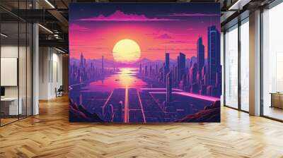 retro futuristic landscape with city and sunset. 80s synthwave style. neon night city. generative ai Wall mural