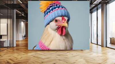 Stylish chicken in winter beanie. Bold and vibrant hues. Wall mural