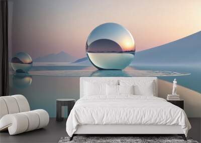 Three-dimensional geometric landscape featuring clear glossy mirror-like glasses on flat round hills, with a surreal reflection in the water, creating a minimalist futuristic aesthetic wallpaper Wall mural