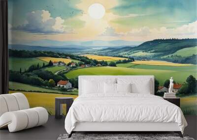 Tranquil Country Landscape with a Vibrant Blue Sky and Green Meadows Wall mural