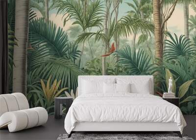 Vintage tropical botanical illustration of a lush jungle paradise Wall mural