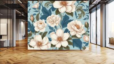 White and Blue Vintage Bouquet Illustration for Gift Wrapping, Wallpaper, and Web Banners Wall mural