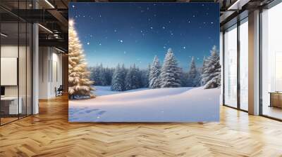 Winter Wonderland Christmas Banner with Glowing Snowflakes and Spruce Trees in Snowy Forest Wall mural