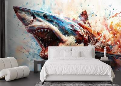 A shark in full roar, charging directly towards the camera with a fierce expression. The image is captured in a dynamic watercolor style Wall mural