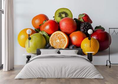 A variety of fresh fruit, neatly placed on a white background.  Generative AI. Wall mural