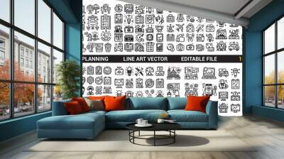 Event planning icons set line art and flat style. Event party planning collection icons set vector. Wall mural