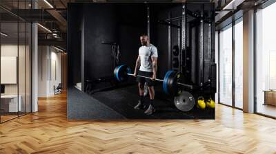 Young active strong sweaty muscular fit man with big muscles doing hardcore deadlift or weightlift workout cross training with heavy barbell weights in the gym. Male sportperson strength lifting  Wall mural