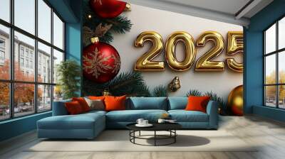 3D Font of text 2025 on New Year, Christmas ornament background Wall mural