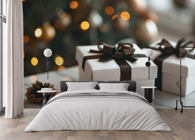 Two white gift boxes with dark ribbon on a white table  Wall mural