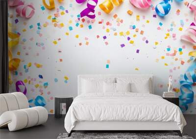 Colorful confetti and ribbons isolated on white background Wall mural