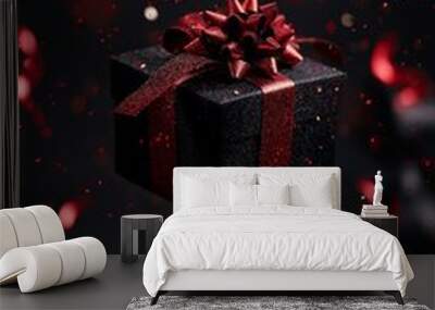 Gifts with red ribbon falling with glitter on dark background Wall mural