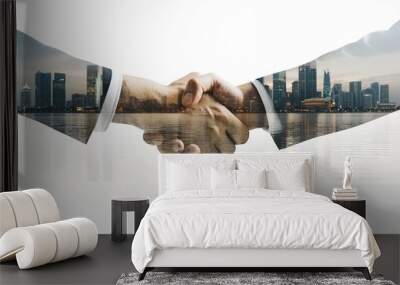 Handshake of two business people city town double exposure  Wall mural