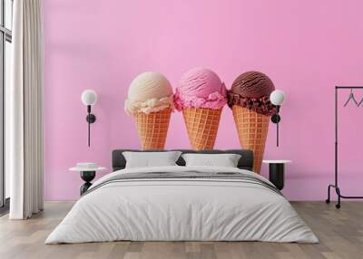 Ice cream cones with various flavors isolated on background Wall mural