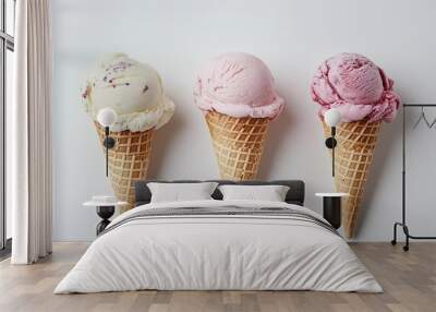 Ice cream cones with various flavors isolated on background Wall mural