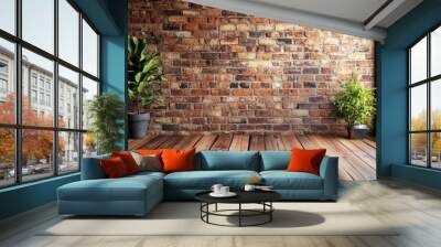 Describe a brick wall paired with a wooden floor, creating a rustic, industrial look. Wall mural