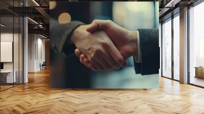 Intimate close-up of a businessmanâ€™s handshake, capturing every nuance of the interaction in an office. Wall mural