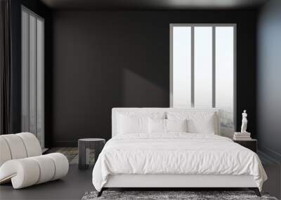 Interior of an empty room with dark walls and panoramic windows. 3D rendering. Wall mural