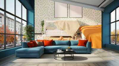 Mock up with two empty frames above the crib. Children's room interior with toys on a floor. Template for parent's photo. 3D rendering. Wall mural