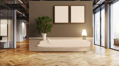 Two empty frames on the wall in a room with a plant and a lamp. Carpet on a wooden floor. 3D rendering. 3D illustration. Wall mural