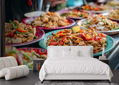 A Row of Colorful Plates Filled with Delicious Stir-Fried Noodles and Vegetables Wall mural