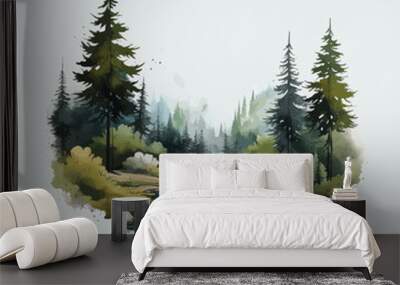 an illustration of the forest with trees and water Wall mural