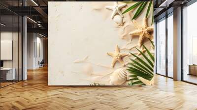 Beach sand top view - Tropical beach vibe with starfish and palm leaves Wall mural