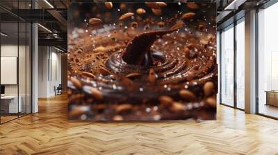 Close up of splashing chocolate fondue with almonds Wall mural