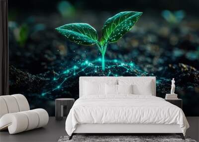 High-Tech Agriculture: A Growing Plant Enhanced by Digital Innovations Wall mural