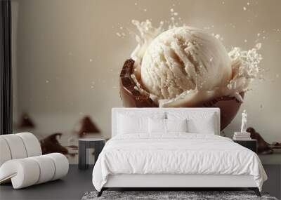 Melting ice cream in chocolate with splashes of milk on a white background Wall mural