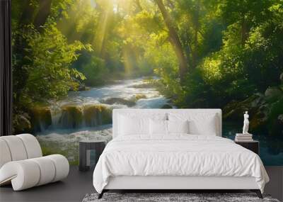 Sunbeams Filtering Through Forest Canopy Wall mural