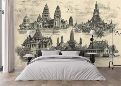 Landmarks in thailand, hand drawn, sketch Wall mural